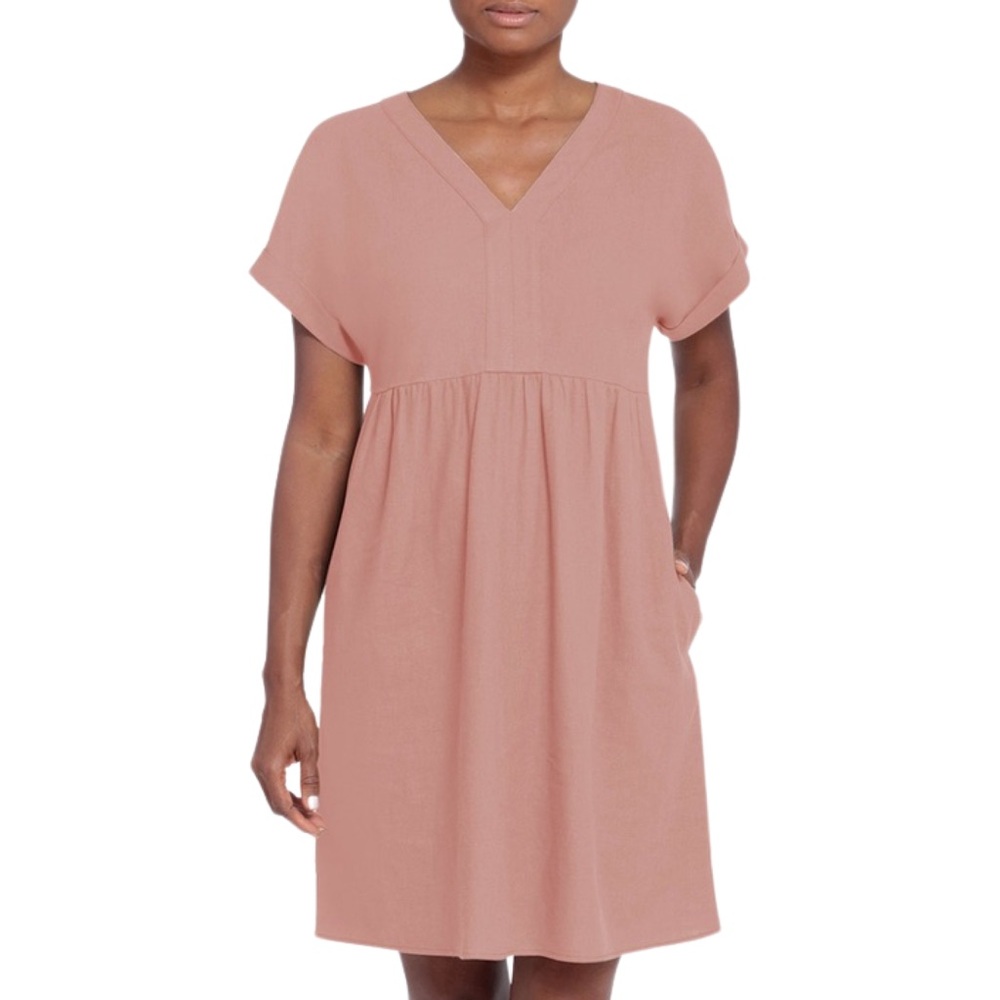 Briggs V-neck Short Sleeve LinenBlend Shift Dress with Pockets - S - Pink